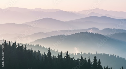 Misty Mountain Landscape with Evergreen Forest Silhouette at Dawn