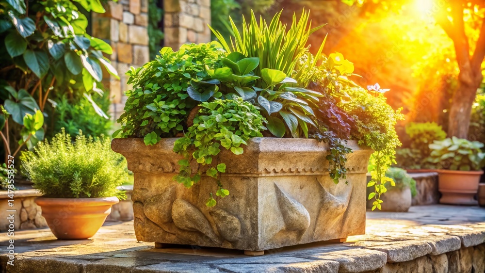 Obraz premium Large Stone Planter for Garden, Patio, or Balcony - Rustic Outdoor Decor