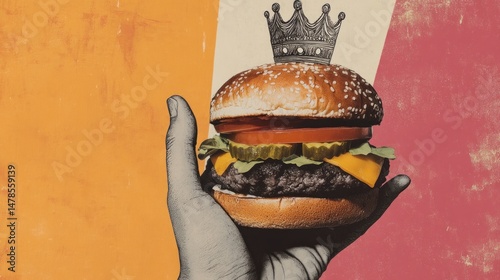 A hand holds a burger with a hand-drawn crown. Art collage.