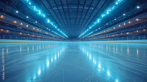 Empty ice rink with a smooth surface, viewed from the stands, under soft lighting. A serene and minimalist sports moment
