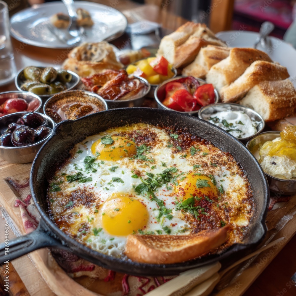 Shakshuka Breakfast Feast Close Up in Cast Iron Pan at Restaurant Table with Bread and Condiments Shakshuka Breakfast Feast Close Up in Cast Iron Pan at Restaurant Table with Bread and Condiments