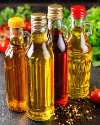 Four bottles of gourmet cooking oil with colorful caps on a dark surface studio shot in natural light