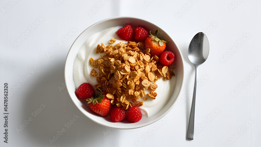 Bowl of creamy yogurt topped with granola, fresh strawberries, and raspberries, with a spoon beside it, isolated on a white background — a concept of a healthy breakfast or snack