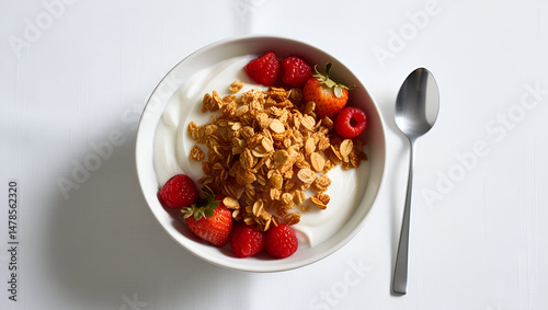 Obraz na płótnie Bowl of creamy yogurt topped with granola, fresh strawberries, and raspberries, with a spoon beside it, isolated on a white background — a concept of a healthy breakfast or snack w salonie