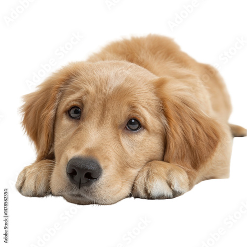 Adorable golden retriever puppy lying down sweetly peaceful golden fur soft paws cute dog canine animal pet friend loyal on transparent background