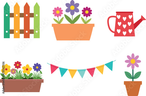 Illustration of colorful garden elements flower planters, a picket fence, watering can.
garden accessories, gardening tools gardening vector icon