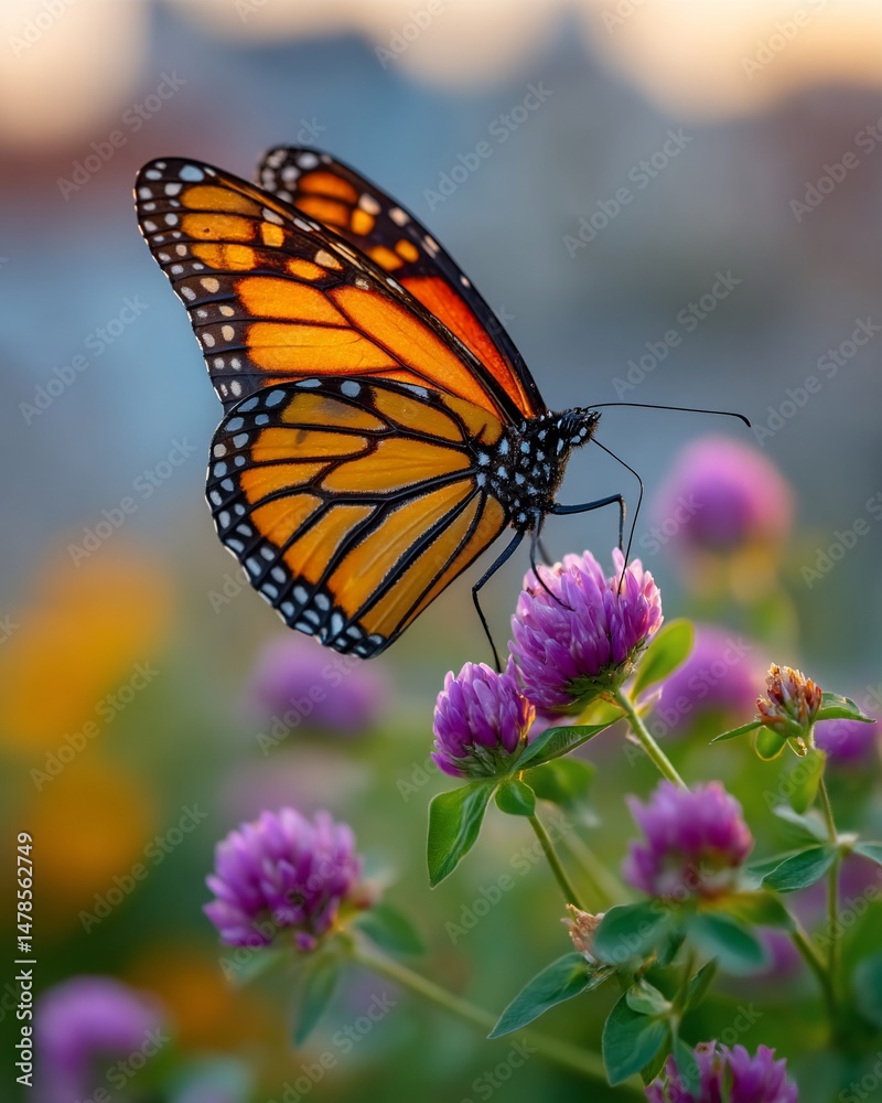Fototapeta premium Monarch Butterfly on Clover at Dusk