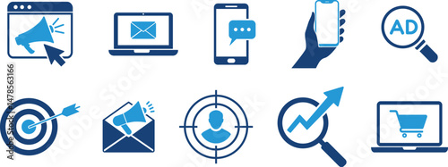 Digital Marketing Solid Icons Set. including targeted ads, sales growth, e-commerce, analytics,
audience, marketing, advertising. solid icons vector