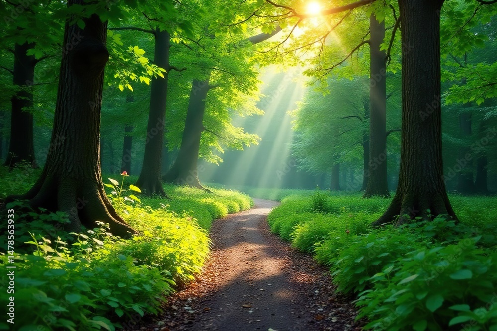 Fototapeta premium A winding path through a lush green forest, sunlight dappling the leaves , vegetation, leaves