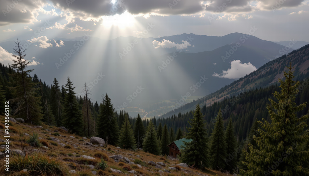 Obraz premium Majestic sunlight breaking through clouds illuminates serene mountain landscape, casting rays over lush green trees and rocky terrain, creating tranquil and breathtaking scene