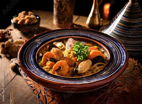 Artistic plating of seafood tagine in dark ceramic tagine dish, surrounded by Moroccan decor, moody shadows and warm side lighting