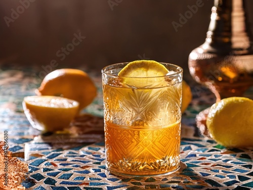 Asir limoun glass on a Moroccan mosaic table with backlighting, lemon zest and ice floating on top, citrusy ambiance