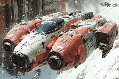 Futuristic spacecraft, red and white, snow-covered landscape.  Detailed design, weathered appearance, powerful engines