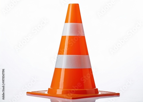 Bright orange traffic cone sign with reflective white stripes, clean plastic texture, isolated on white background