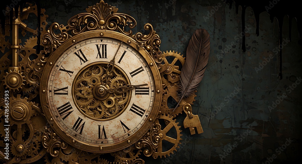 Fototapeta premium Vintage Clock with Gears and Feather on Textured Background