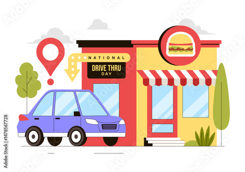 National Drive Thru Day Vector Illustration featuring a Service That Allows Customers to Order and Receive Food From Their Vehicles in a Background
