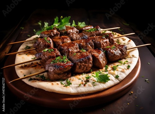 Close-up of beef brochettes with charred grill marks and paprika dusting, garnished with herbs, placed on flatbread