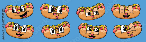 Set of hand drawn retro hot dog cartoon emoticon vector illustration