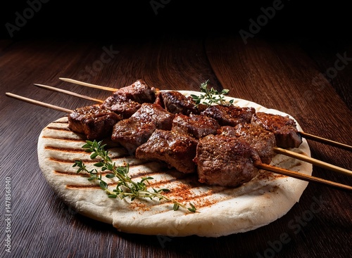 Close-up of beef brochettes with charred grill marks and paprika dusting, garnished with herbs, placed on flatbread