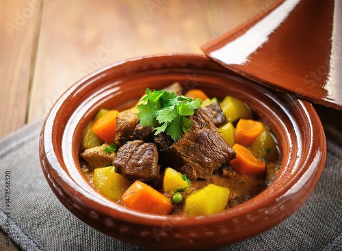 Close-up of beef tagine with root vegetables and saffron sauce in glazed earthenware
