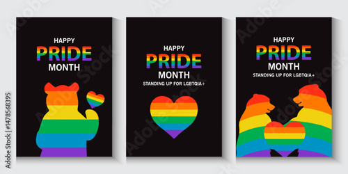 LGBT pride cards, poster, banner, set background. pride month cover with love bear and rainbow colors. Rainbow colored wavy abstract lines. Vector  Template for Pride Month, ads promo, post, web, 