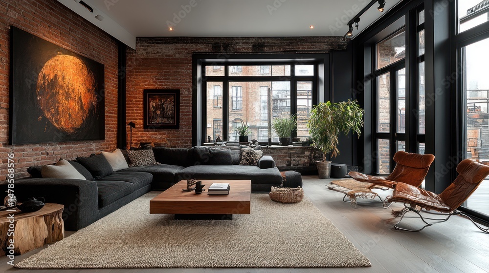 Fototapeta premium Modern Loft Apartment Interior Design: Brick Walls, Large Windows, and Luxurious Furniture
