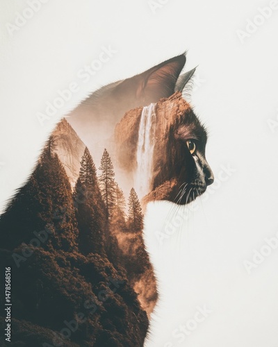 Wallpaper Mural Double Exposure of Cat Profile and Forest Waterfall Landscape Nature Art Photography Torontodigital.ca