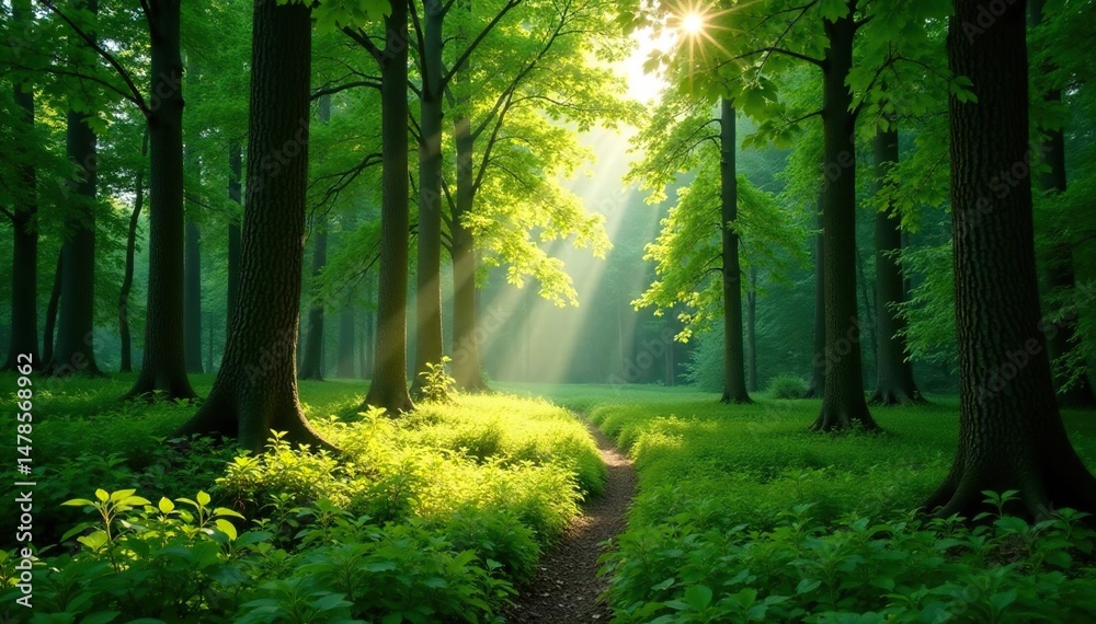 Obraz premium Lush green Estonian forest, sunlight dappling through trees , botanical, calm