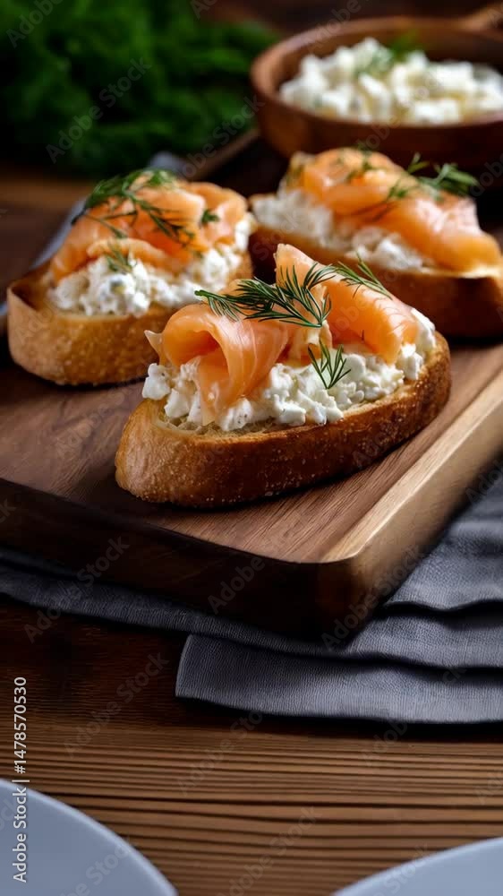 Toasted bread slices topped with creamy cheese and smoked salmon garnished with dill on a wooden serving board Toasted bread slices topped with creamy cheese and smoked salmon garnished with dill on a wooden serving board