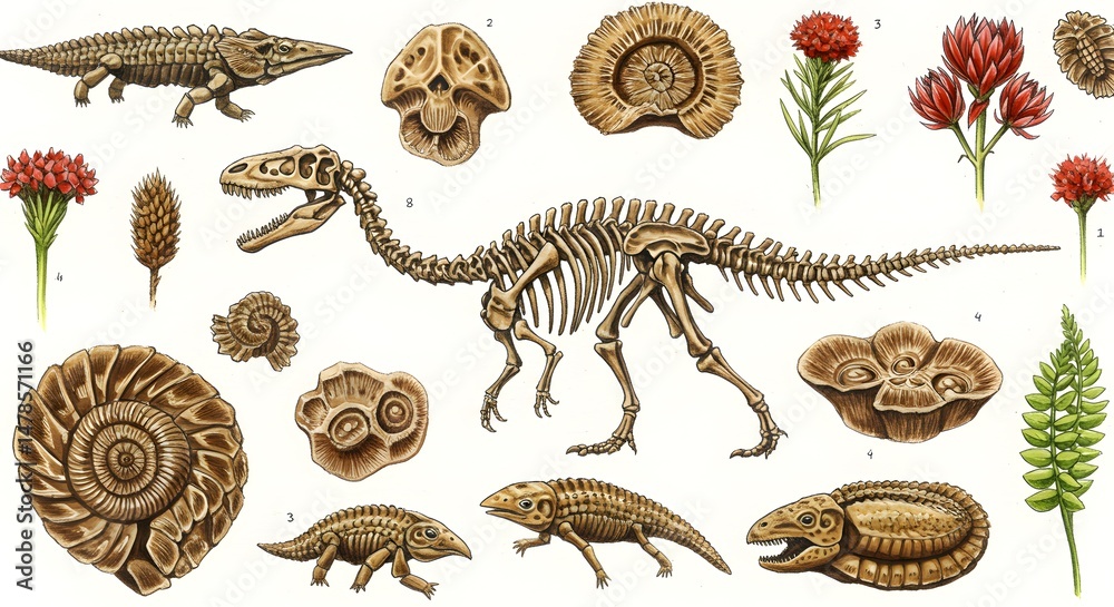 Obraz premium A Prehistoric World: Exquisitely Illustrated Fossils and Flora of the Paleozoic Era