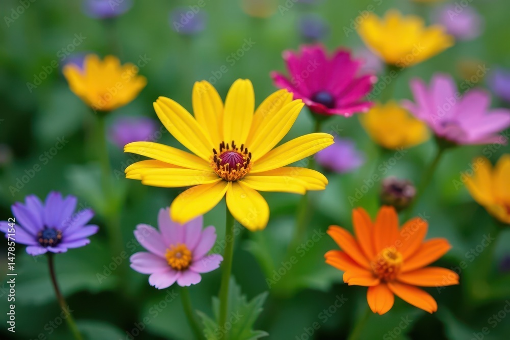 Fototapeta premium Close-up of diverse colorful wildflowers, dew drops, Massachusetts , August, orange