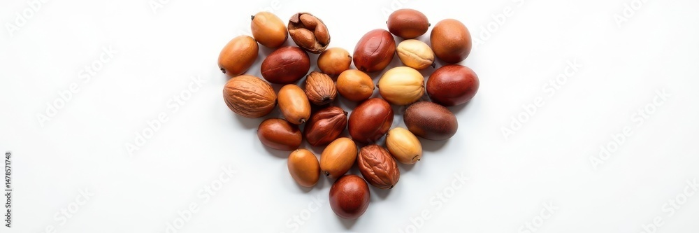 Obraz premium Heart-shaped arrangement of various nuts on white , walnuts, ingredients, design