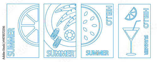 Summer. Set of vector summer backgrounds. Line drawing. Fruit beach umbrella, flip flops and cocktail. Abstract background, patterns for posters, covers, flyers, banners.