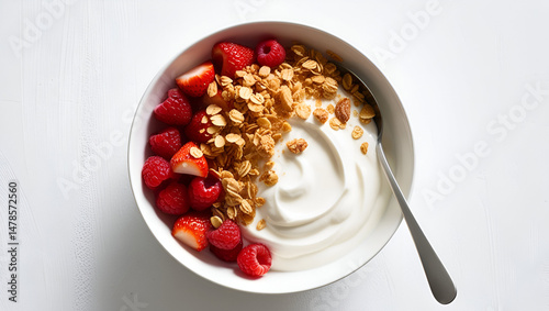Top view of a yogurt bowl garnished with granola and fresh berries, with a spoon, isolated on white background — perfect for a nutritious snack or breakfast