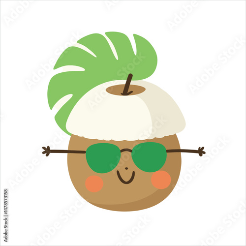 Kawaii Coconut Mascot with Sunglasses – Cute Smiley Cartoon Character Illustration