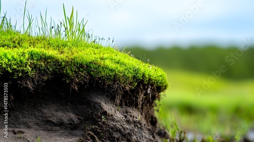 Peat bog profile with moss waterlogged soil