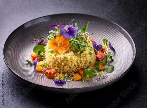 Gourmet couscous dish plated with artistic food styling, edible flowers, and microgreens on dark slate background