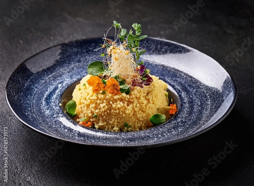 Gourmet couscous dish plated with artistic food styling, edible flowers, and microgreens on dark slate background