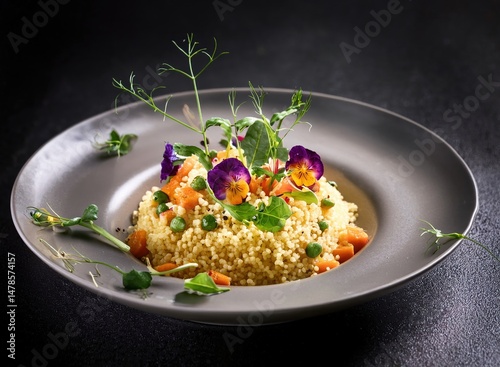 Gourmet couscous dish plated with artistic food styling, edible flowers, and microgreens on dark slate background