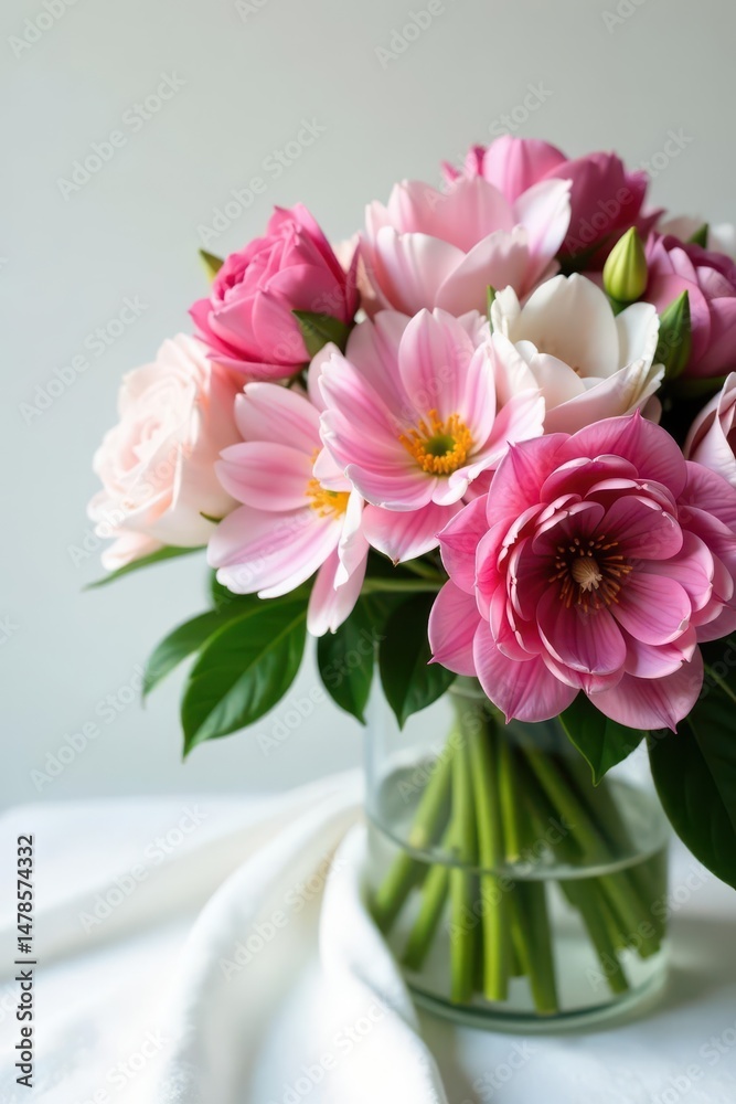 Obraz premium Fresh pink and white flower bouquet, elegantly displayed on white linen , home decor, decor