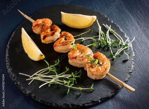 Gourmet seafood brochettes plated with lemon wedges and microgreens on a slate serving board