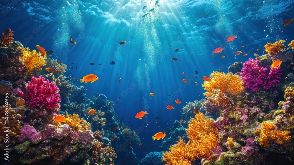 Naklejka premium Vibrant Underwater Paradise: A Colorful Coral Reef Ecosystem