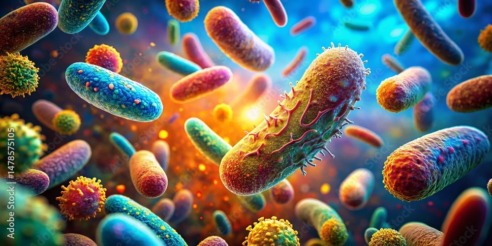 Naklejka premium Microscopic World: Artistic Bacterial Forms in Vibrant Hues