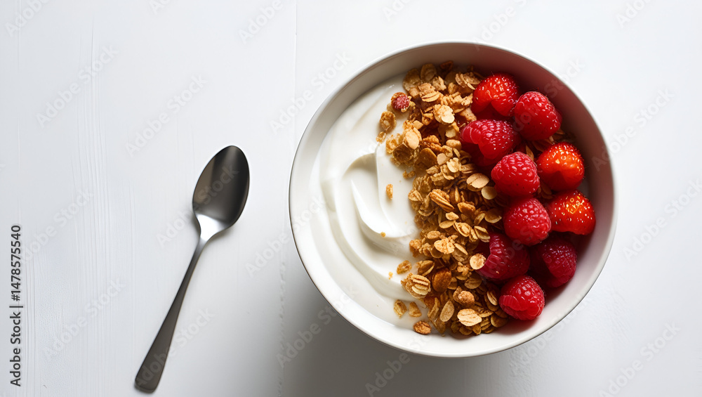 Fresh yogurt served with granola, strawberries, and raspberries in a bowl, accompanied by a spoon and isolated on a white background, illustrating a wholesome snack or breakfast idea