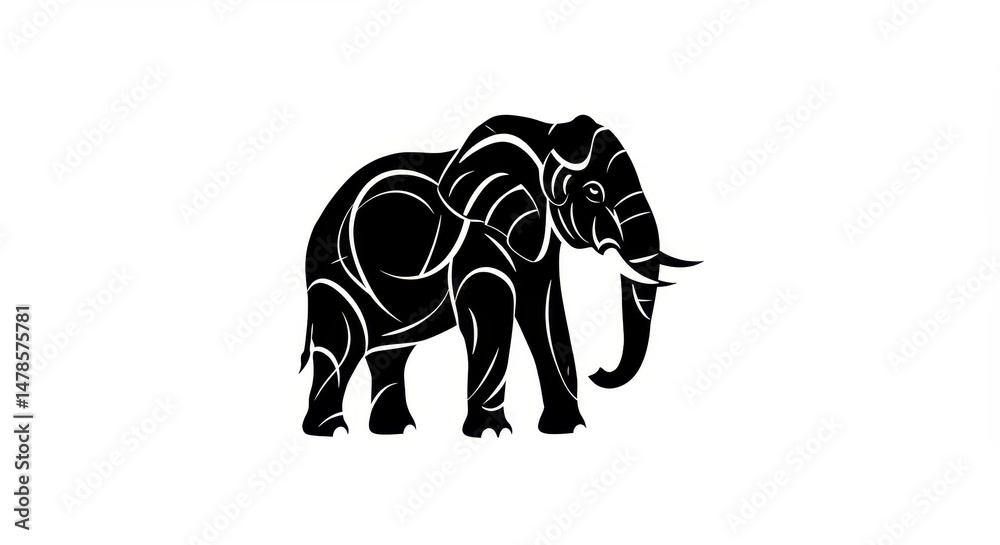 Fototapeta premium Tribal Elephant Silhouette, African Elephant Tattoo Design - Black and White Vector Illustration