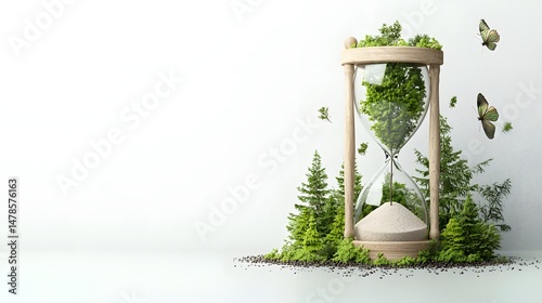 Wooden hourglass filled with miniature trees instead of sand representing the urgency of forest conservation and the need to protect our natural resources before time runs out