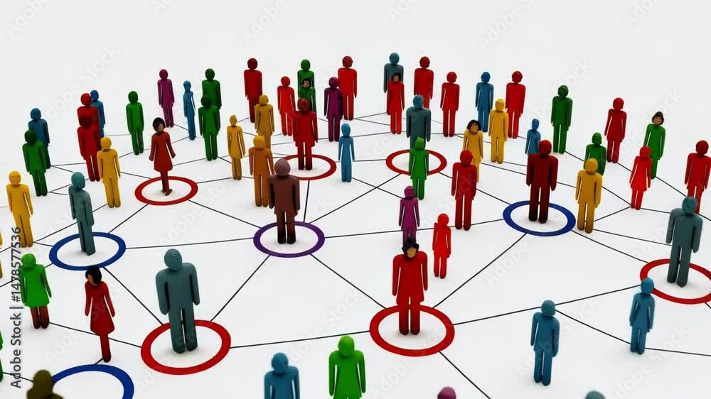 Network of stylized figures connected by lines on a white background