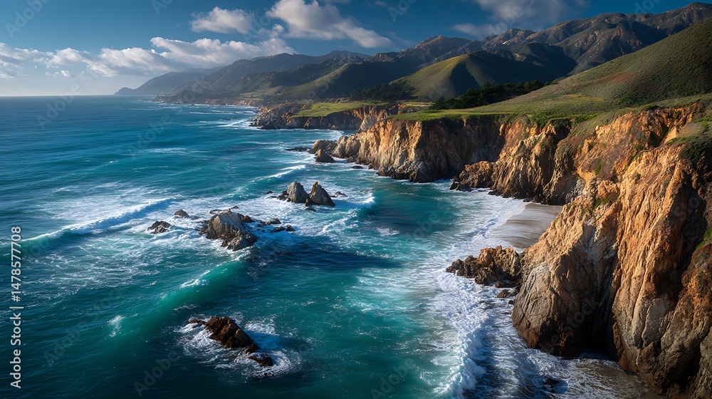 Obraz premium Coastal cliffs meet ocean, mountains beyond
