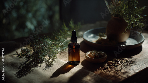 Organic essential oil bottle with dropper for aromatherapy and herbal medicine natural wellness and skincare