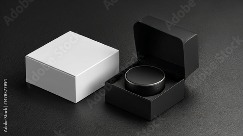 Black round device in box product photography for marketing and advertising product showcase and display